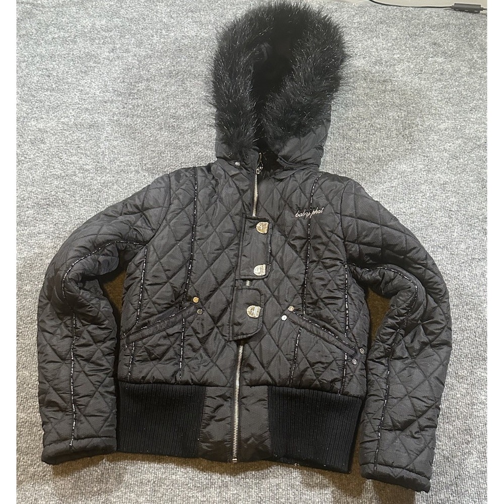 VTG Baby Phat Women's M Quilted Puffer Jacket Faux Fur Babydoll Zip Latch Y2K - Picture 1 of 9